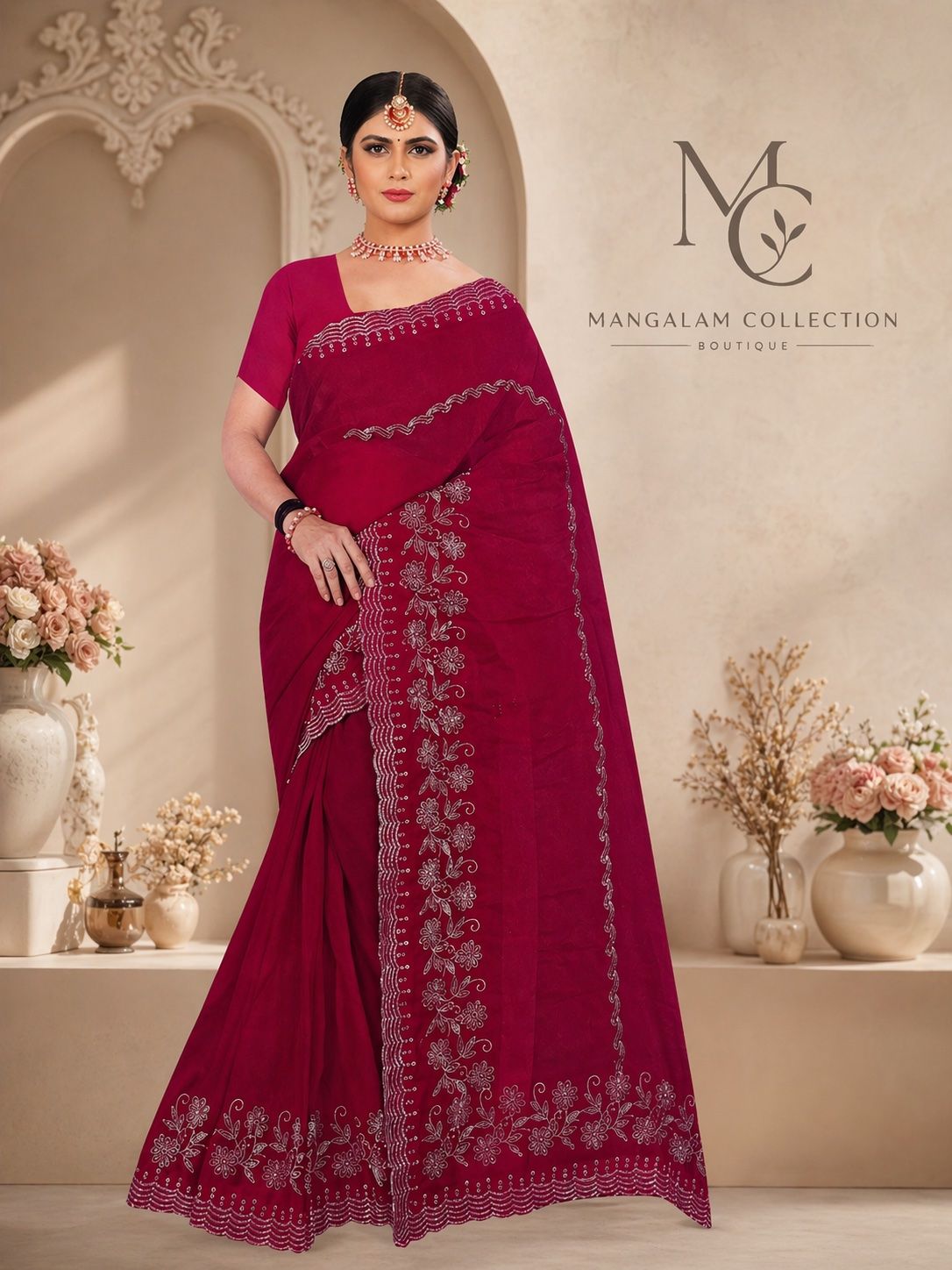 Rani Pink Embroidered Saree