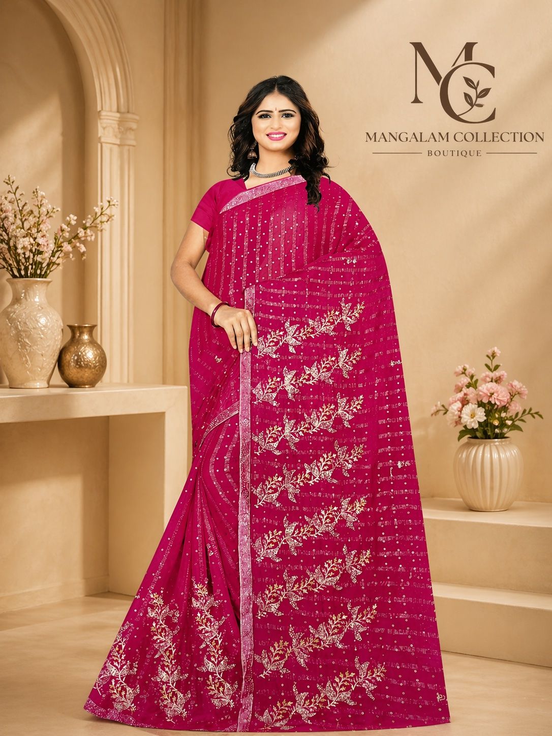 Hot Pink Sequence Saree