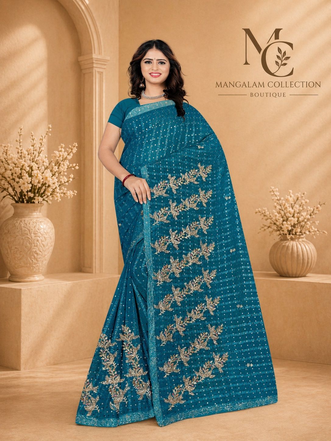 Teal Sequence Leaf Saree