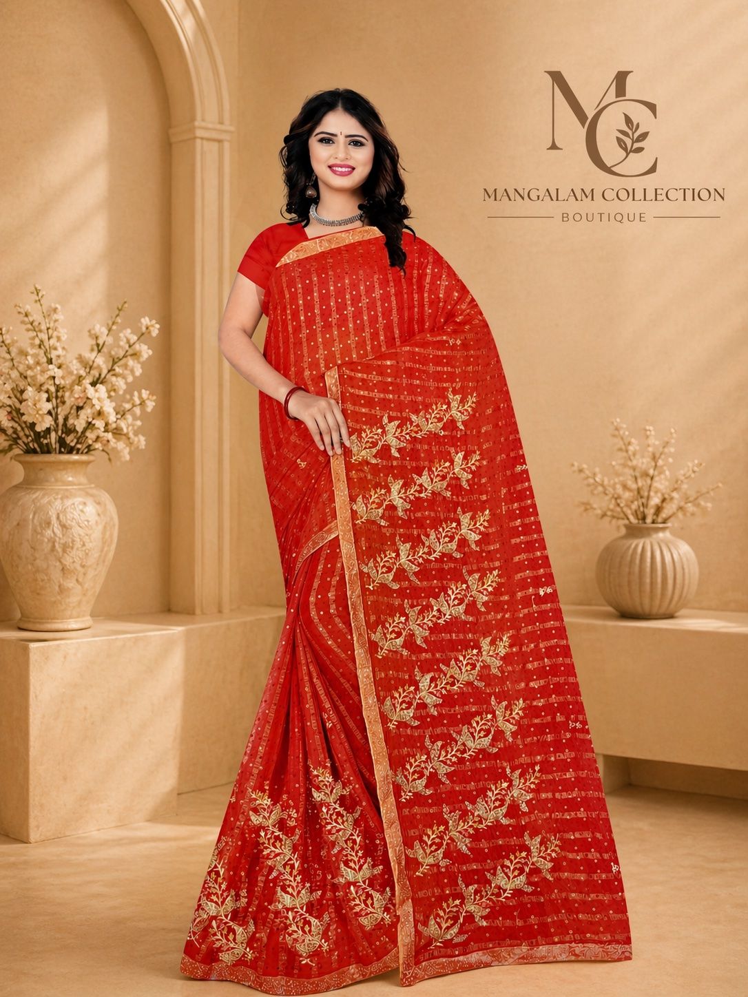Red Sequence Leaf Saree