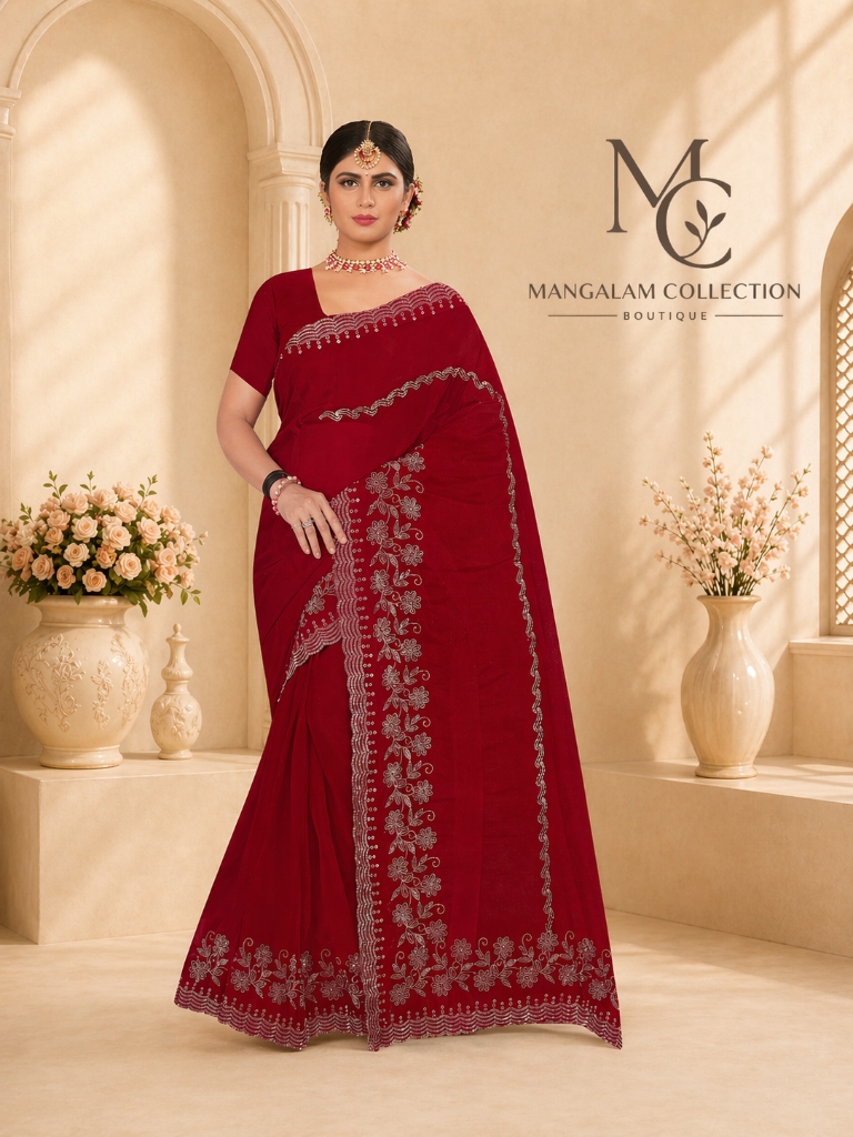 Deep Red Floral Embroidered Saree