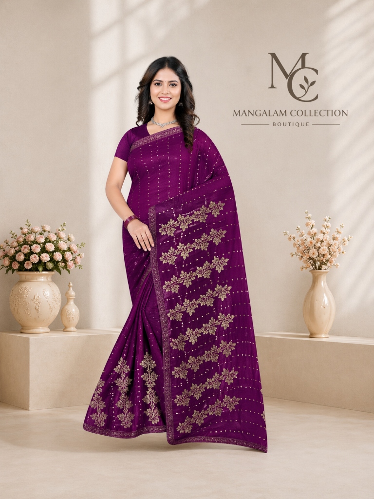 Purple Sequin Floral Saree