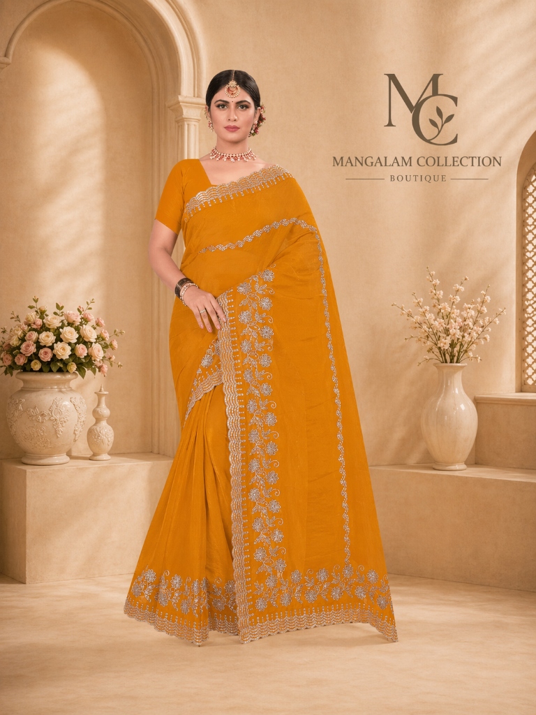 Mustard Floral Embroidered Saree