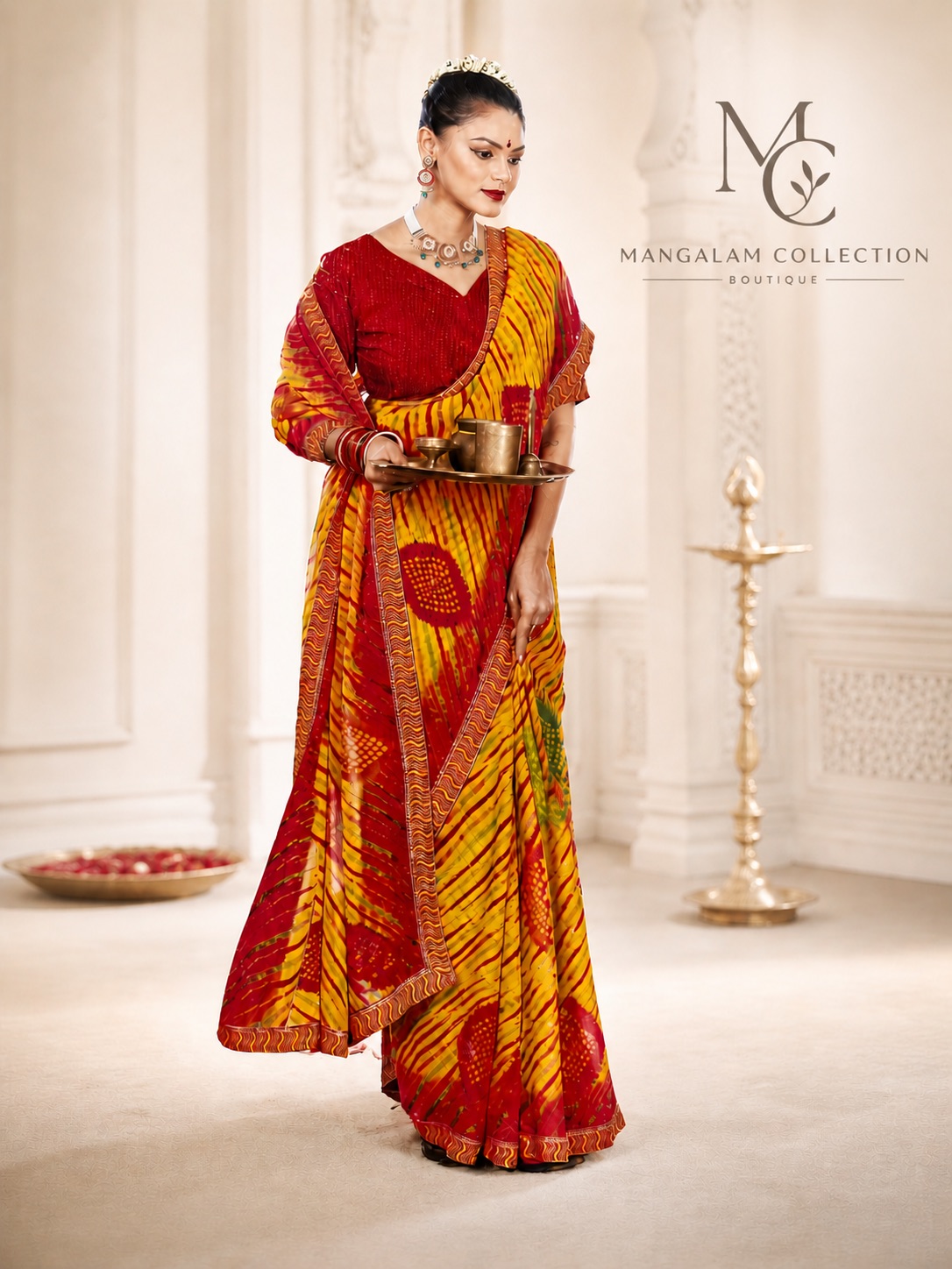 Red & Mustard Leheriya Bandhani Saree