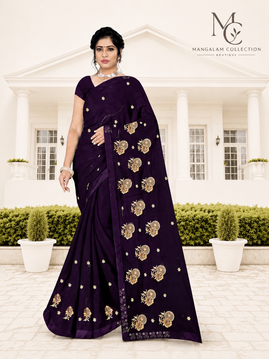 Deep Purple Golden Floral Embroidered Saree