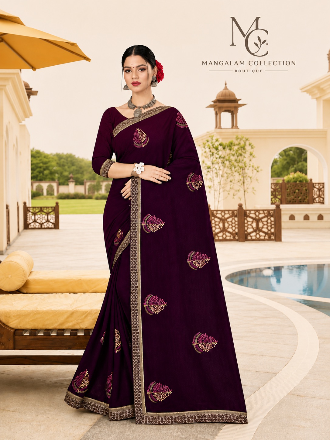 Wine Pink Motif Embroidered Saree