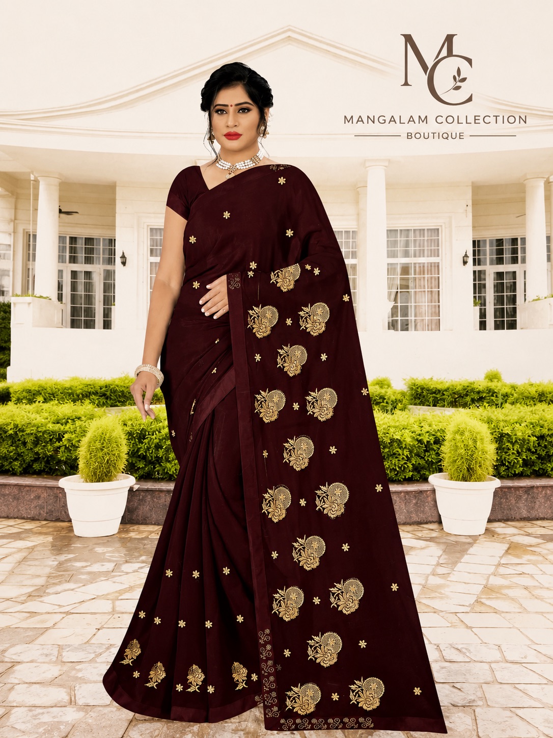 Maroon Golden Motif Embroidered Saree