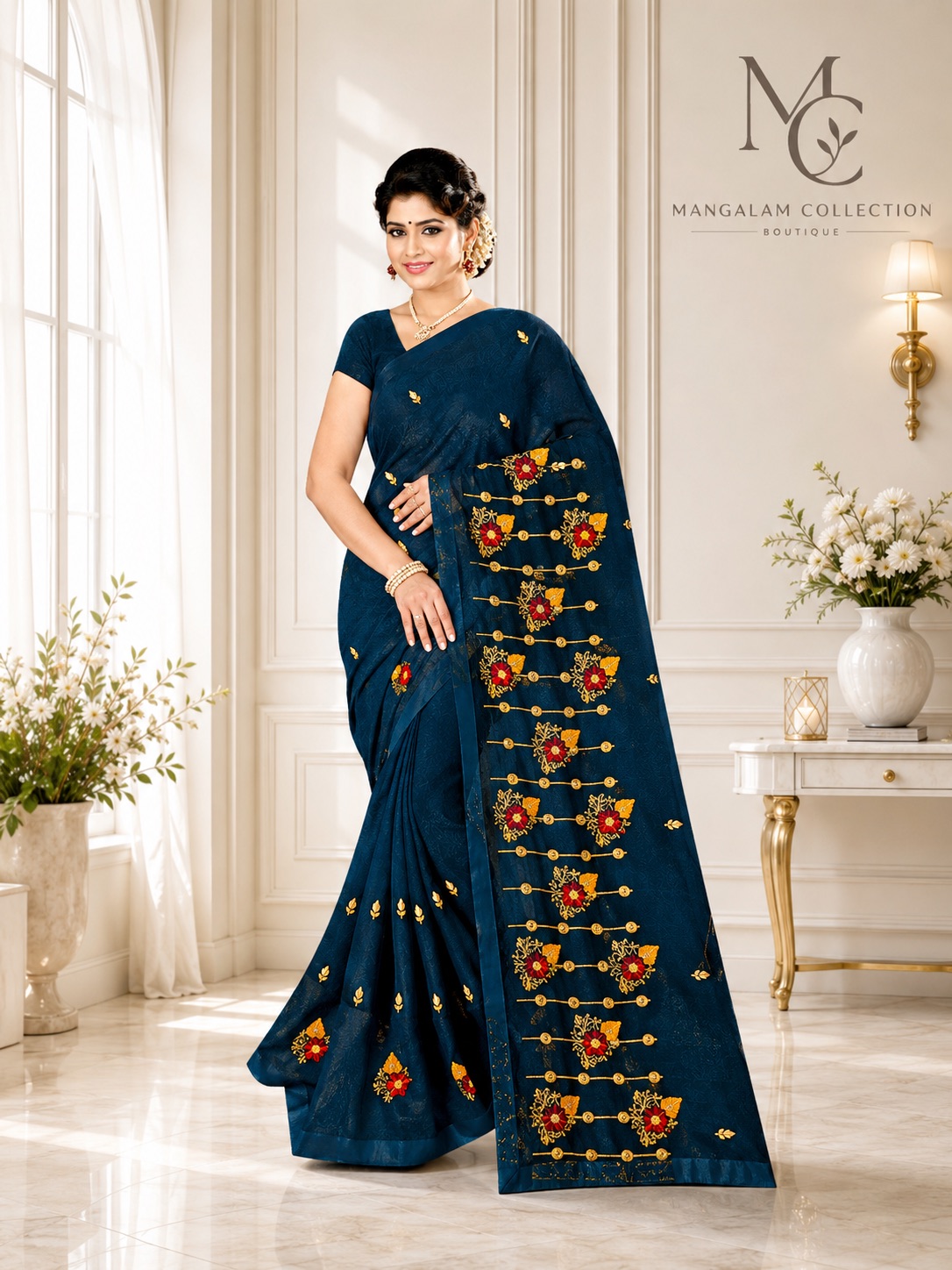 Peacock Blue Multicolour Floral Saree