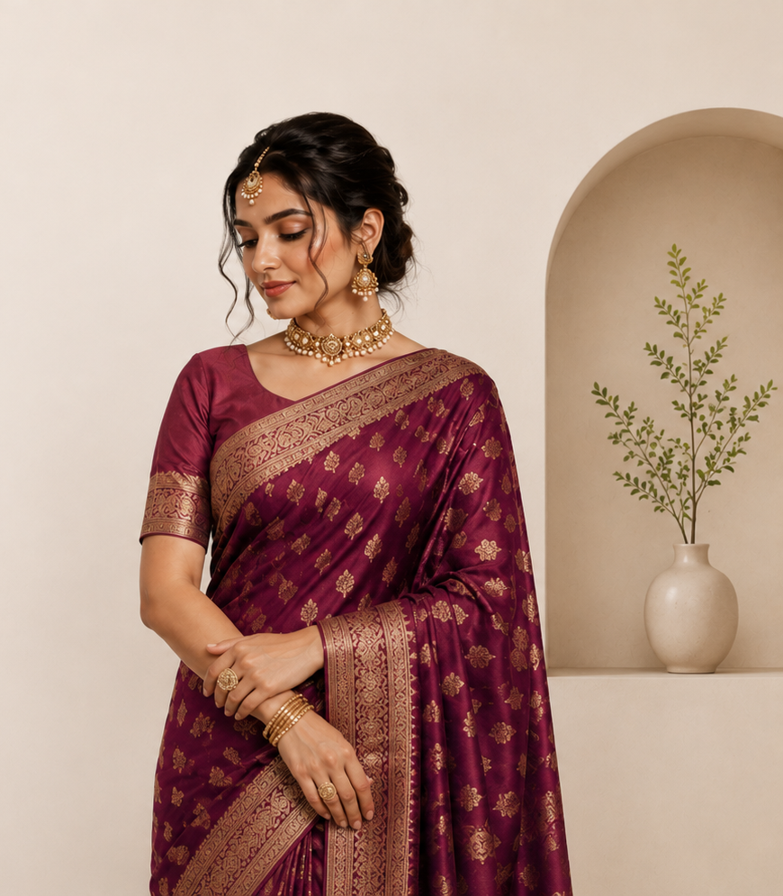 Model wearing a maroon and gold Mangalam Collection saree